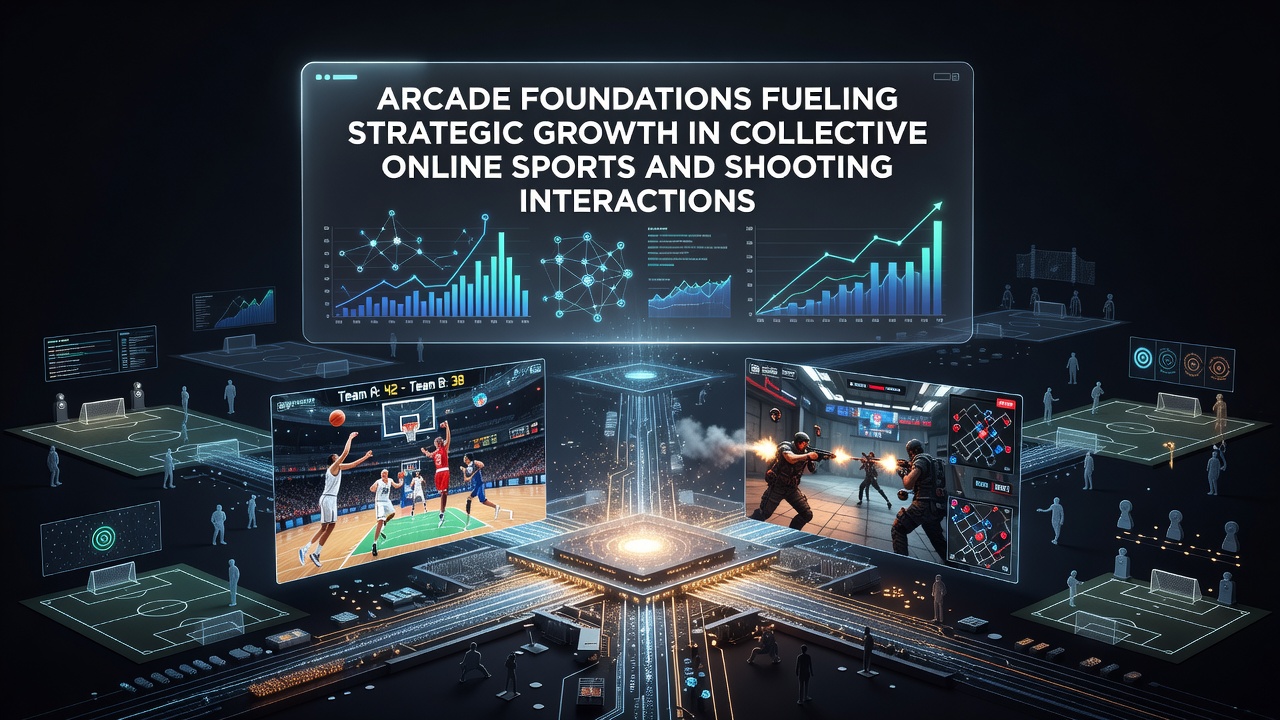 Classic arcade cabinet interfaces merging with modern online sports dashboards and shooter lobbies