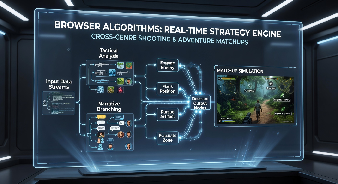 Browser interface displaying real-time strategy overlays in a cross-genre shooting and adventure game environment