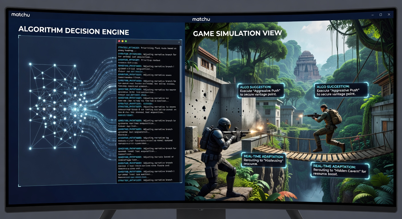 Detailed view of algorithmic decision trees overlaid on a shooting sequence within an adventure-themed browser game