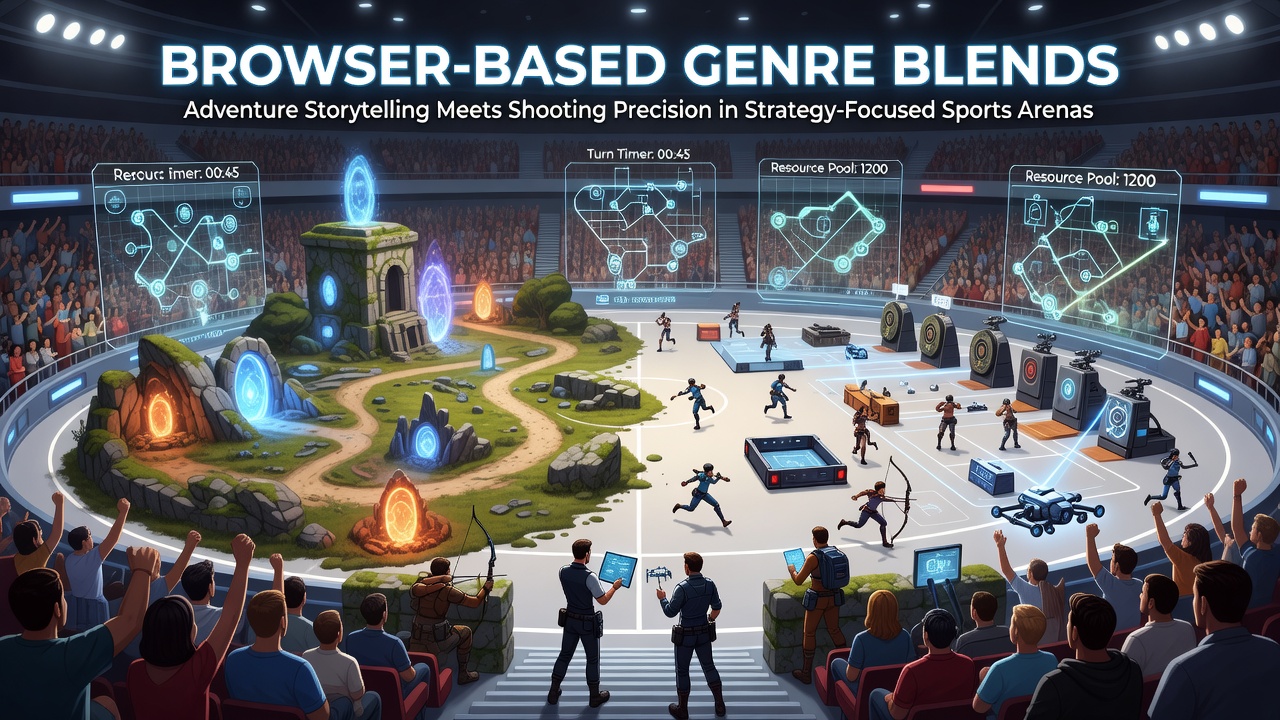 Browser game interface showing adventure narrative elements combined with shooting mechanics in a sports arena setting