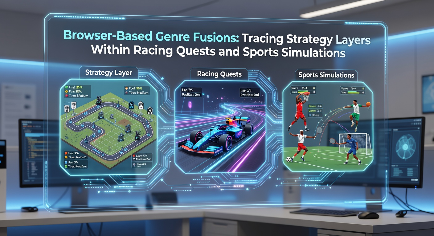 Browser interface showing a racing quest with overlaid strategy map elements and sports simulation dashboard