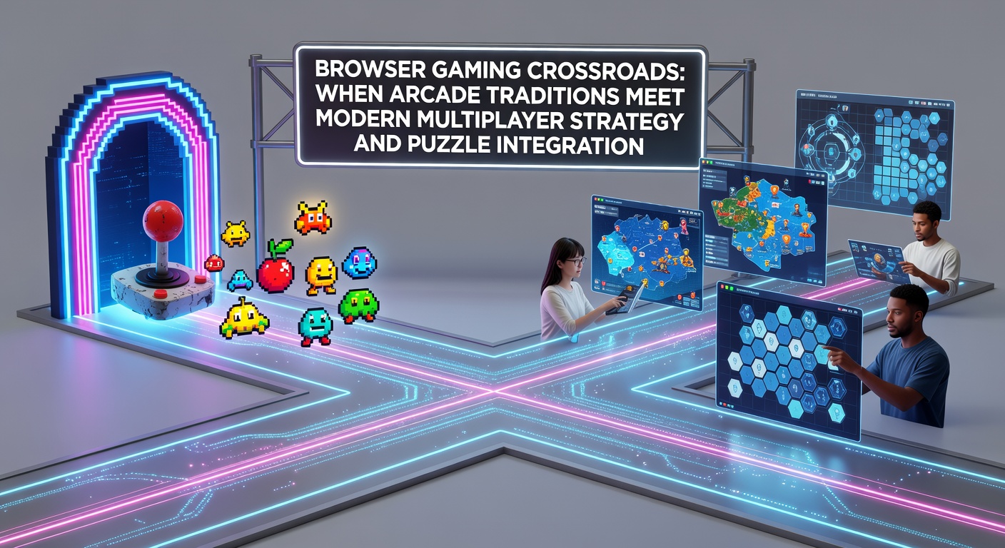 Illustration of browser-based game screens blending classic arcade visuals with layered strategy boards and puzzle grids