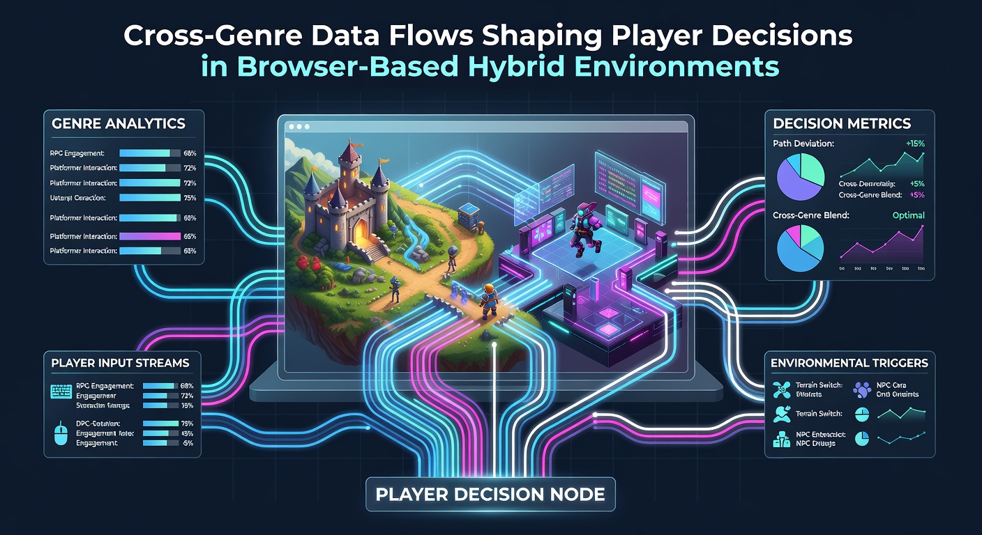 Browser-based hybrid game interface showing interconnected genre elements and data pathways