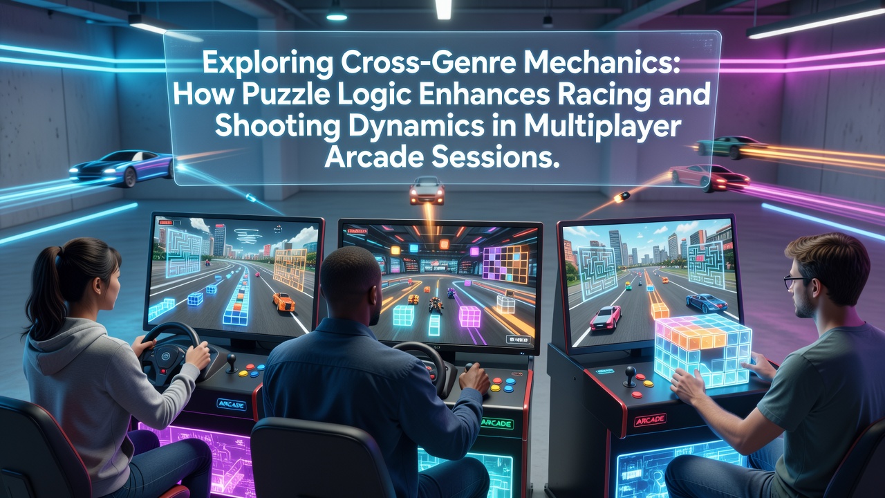 Multiplayer arcade session showing players combining puzzle elements with racing and shooting mechanics on shared screens