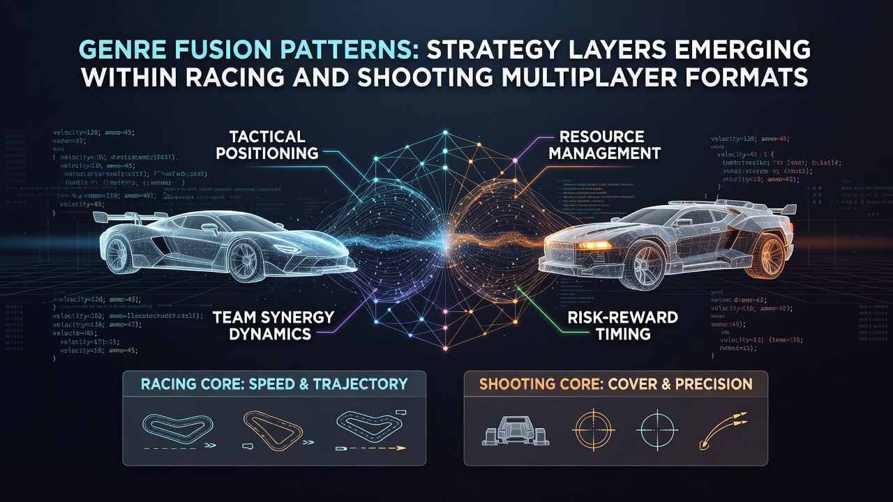 Diagram illustrating overlapping strategy layers in combined racing and shooting multiplayer scenarios