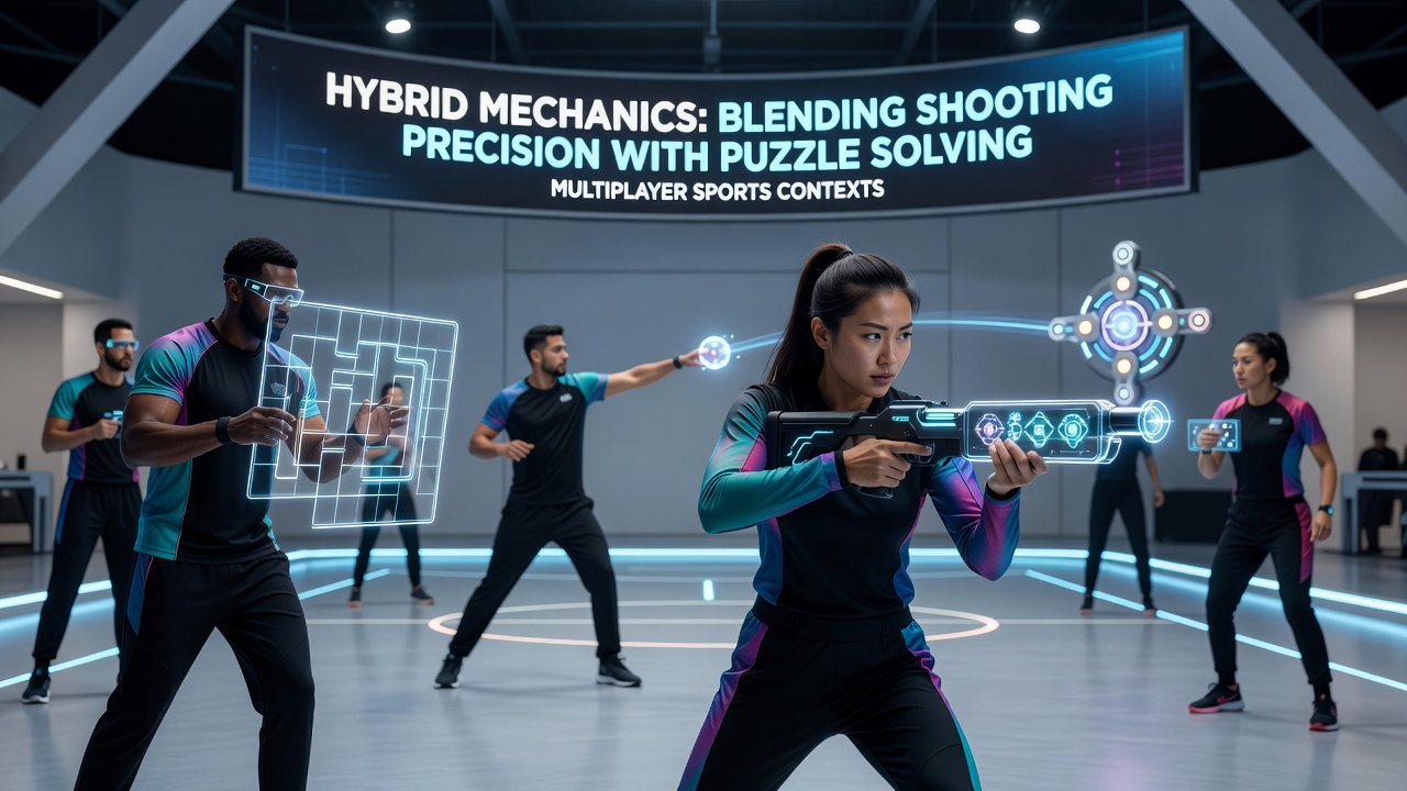 Players coordinating shooting and puzzle elements in a multiplayer sports simulation arena