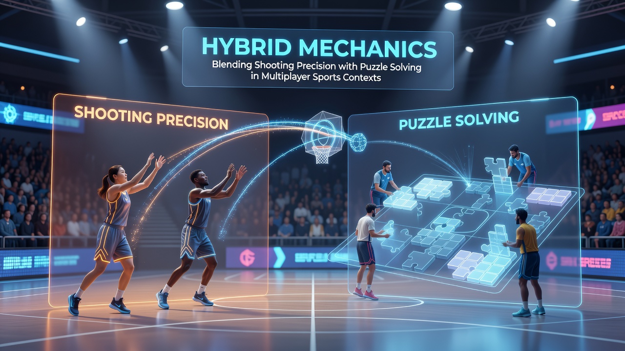 Team members solving an environmental puzzle while maintaining shooting positions during a sports match