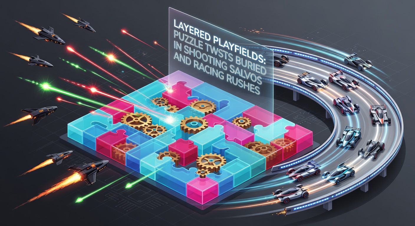Dynamic screenshot of a shooter game where puzzle elements overlay chaotic bullet patterns, revealing strategic block-matching amid enemy waves