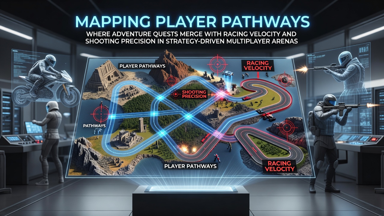 Players navigating merged adventure, racing, and shooting elements in a strategy multiplayer arena