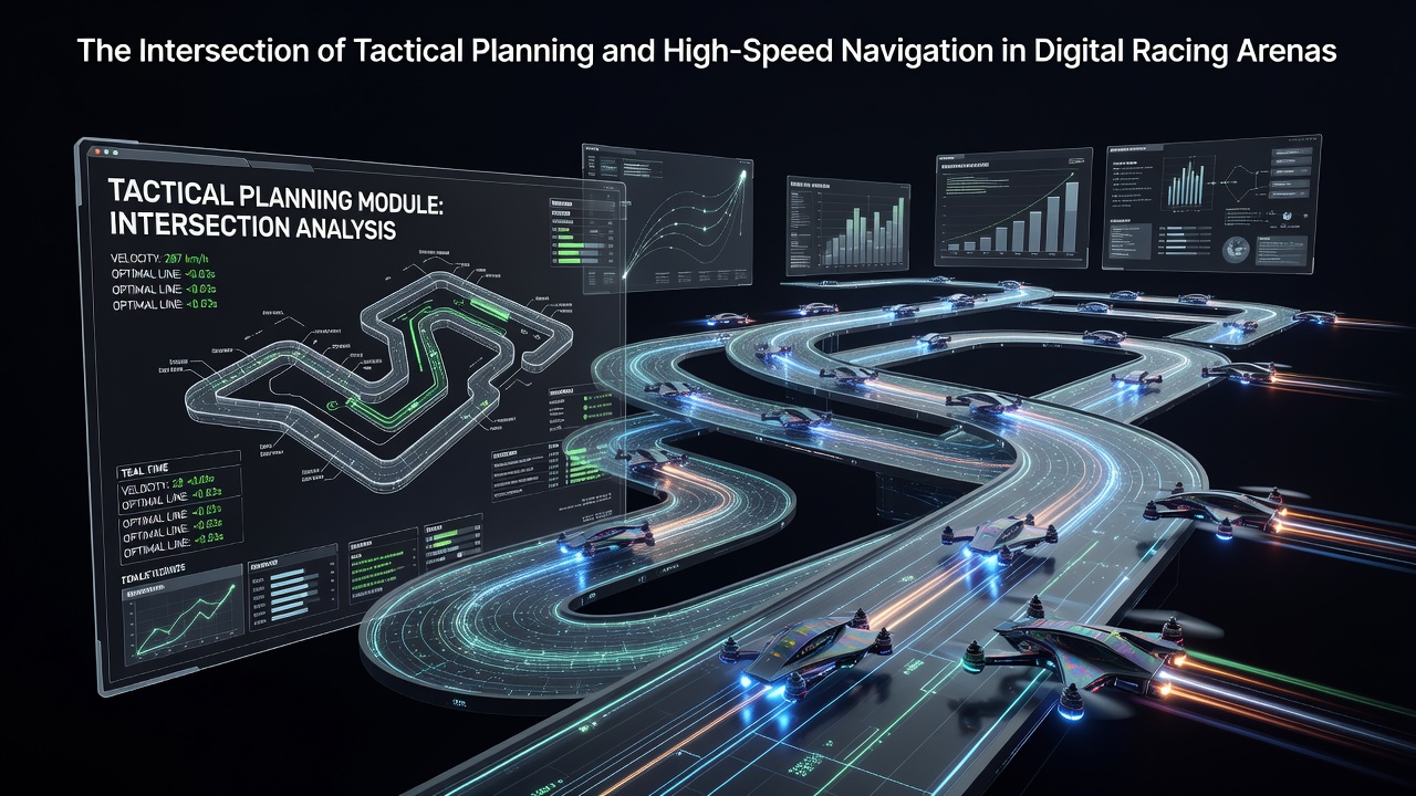 Digital racing simulation showing tactical overlays on a high-speed track