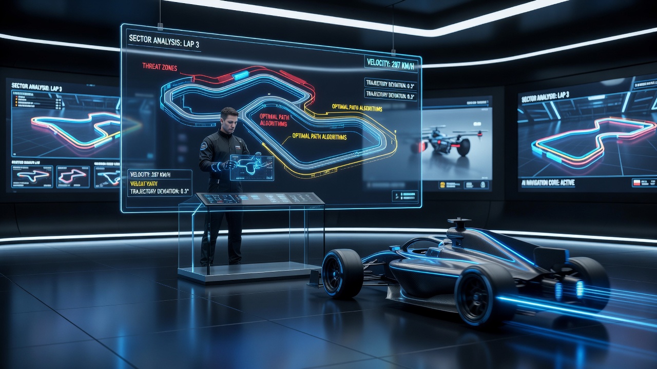 Close-up of racing cockpit interface displaying navigation data and tactical overlays