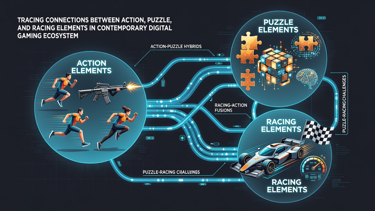 Gameplay screenshot demonstrating blended action sequences, puzzle solving, and racing tracks within a single digital environment
