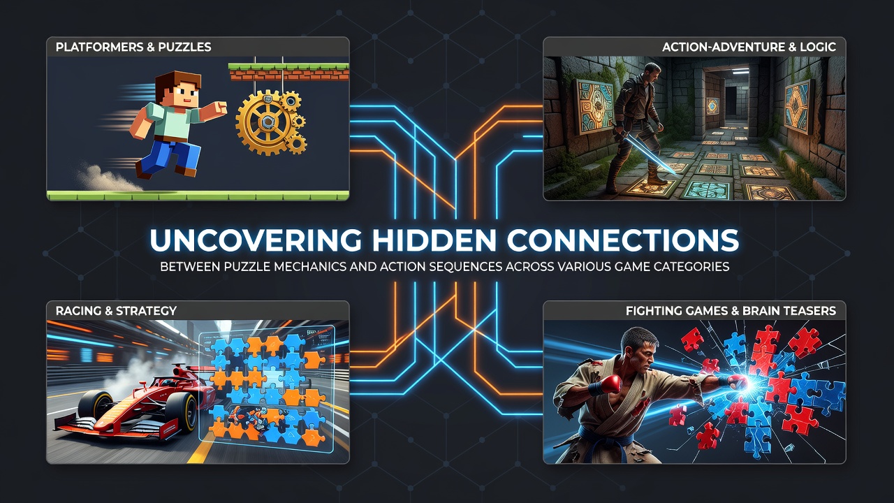 Visual representation of interconnected puzzle and action elements in diverse game environments
