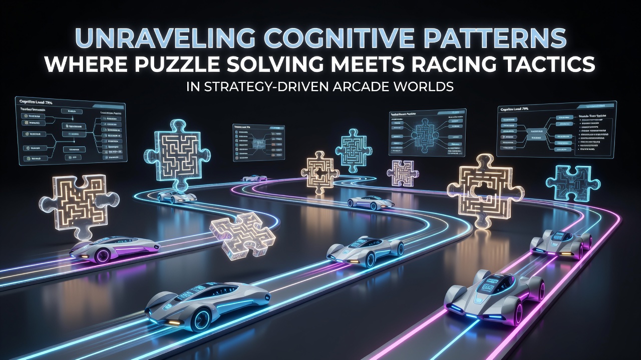 Visual representation of intertwined puzzle elements and racing paths in a strategy arcade environment