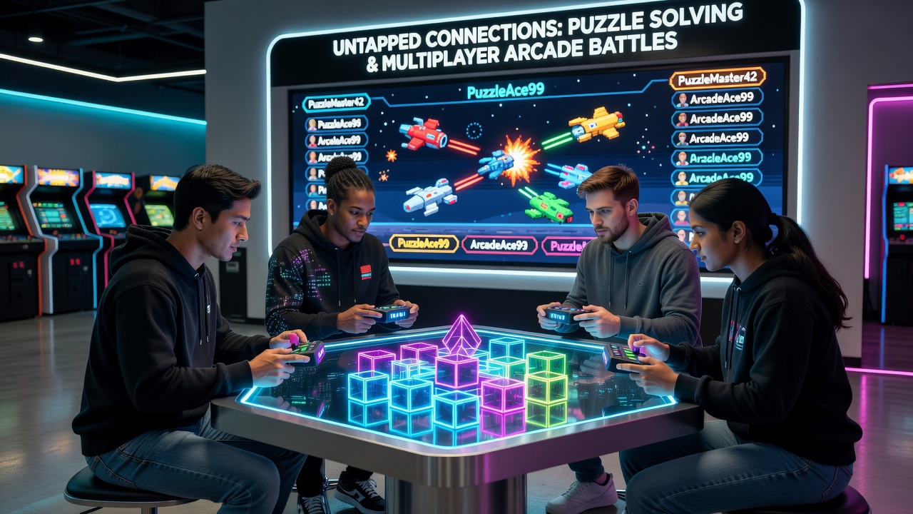 Players collaborating on puzzle elements during a fast-paced multiplayer arcade battle