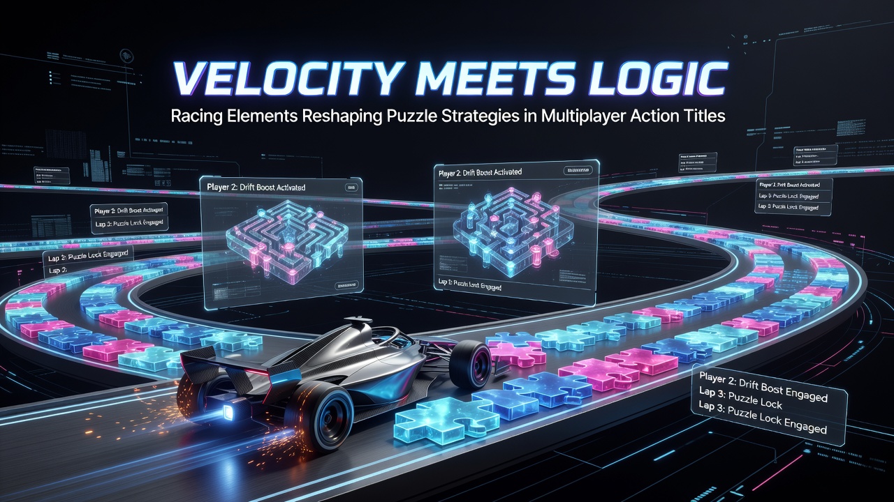 Multiplayer action game scene showing players navigating racing-infused puzzle challenges on a shared track