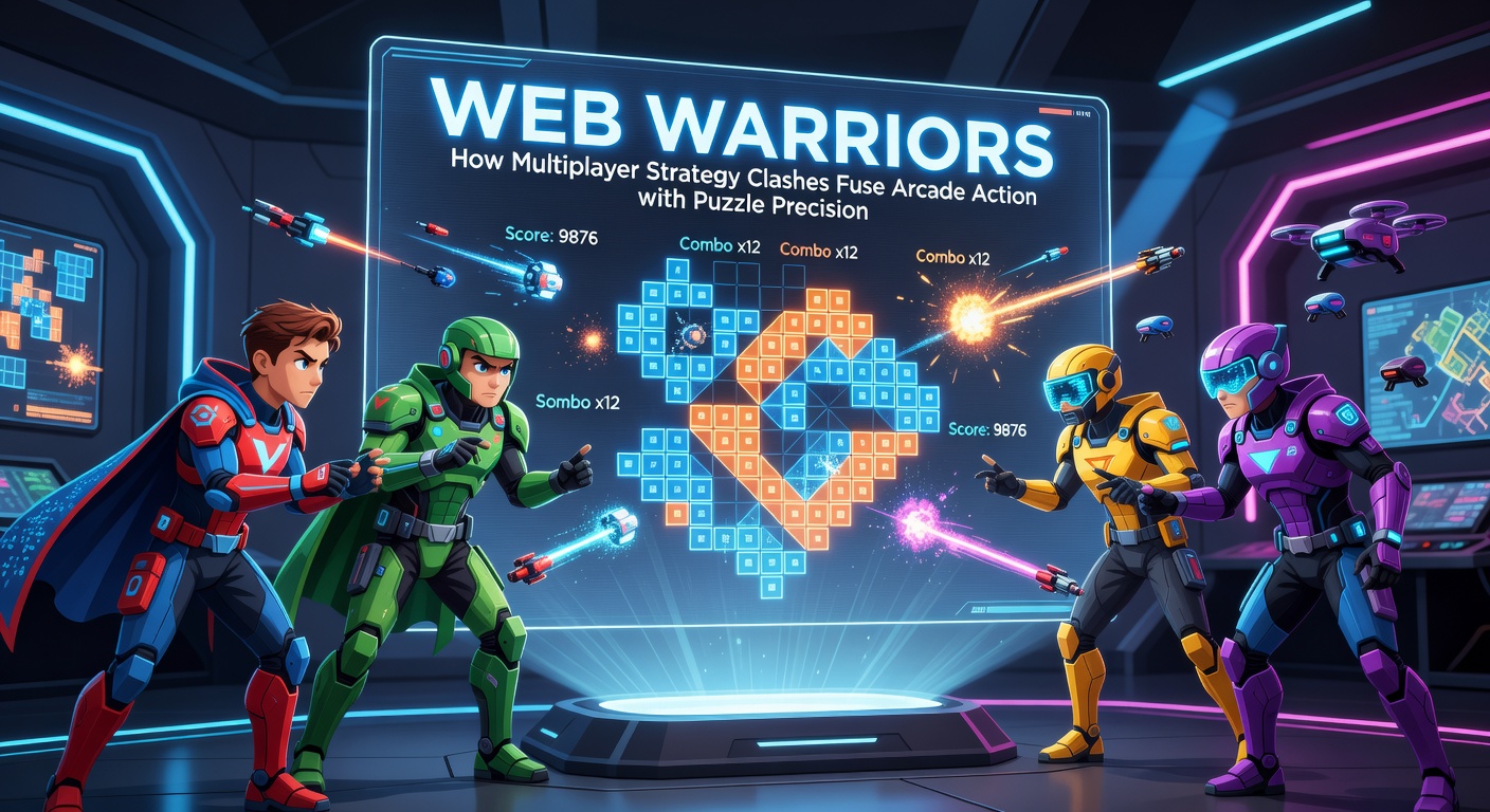 Intense multiplayer battle in Web Warriors showing players maneuvering units in a fast-paced strategy clash with arcade-style explosions and puzzle-like grid formations