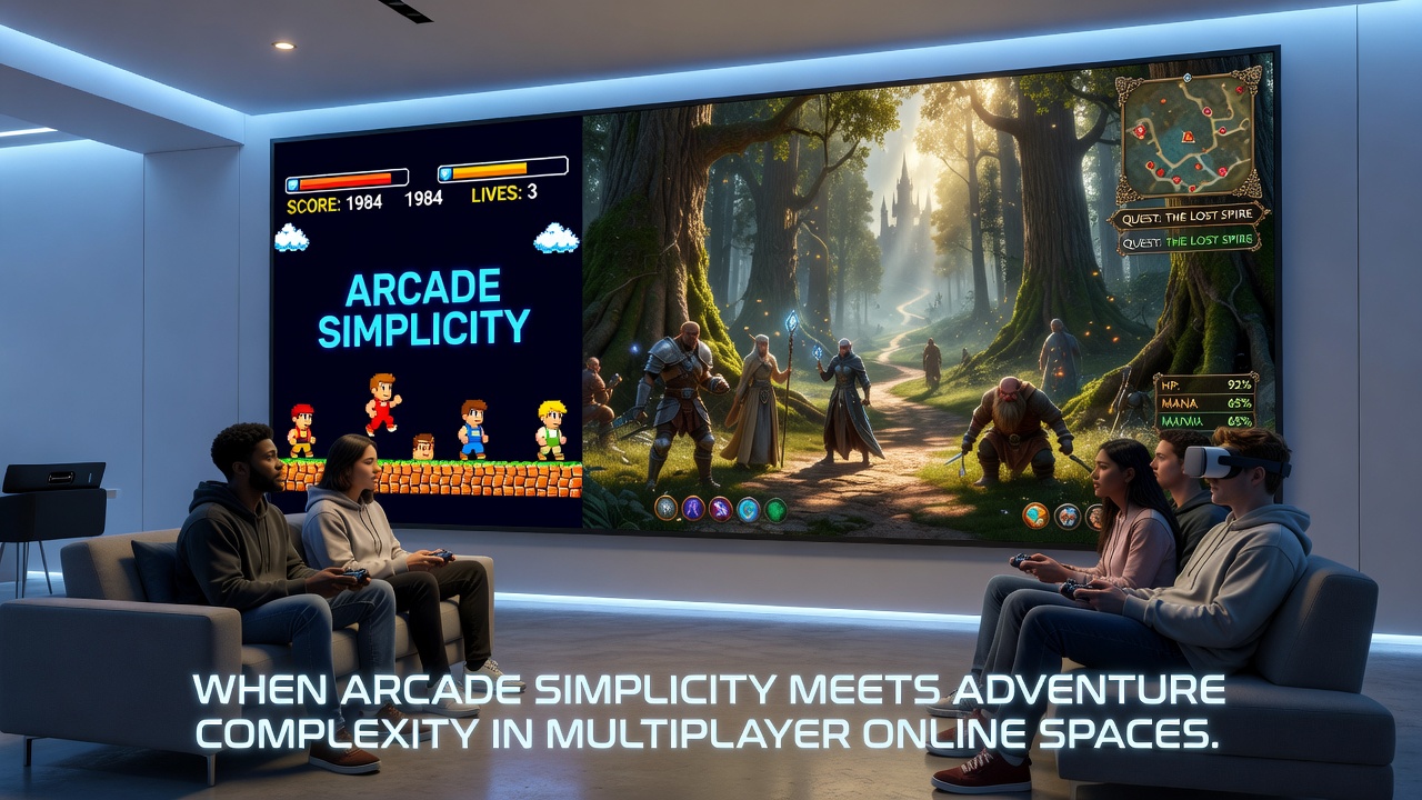 Multiplayer teams coordinating simple actions that advance complex story objectives in an online adventure setting