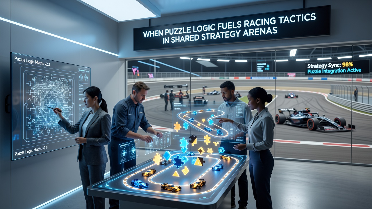 Players navigating a shared strategy arena where puzzle elements intersect with racing paths in a multiplayer setting