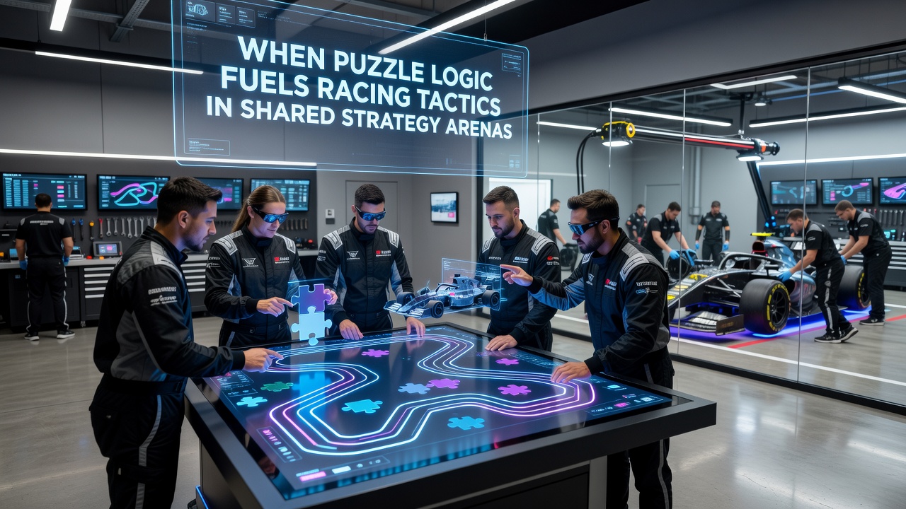 Detailed view of interconnected puzzle and racing elements within a collaborative strategy arena environment