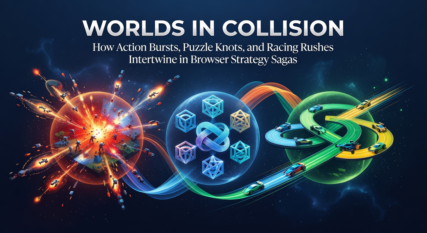 Dynamic screenshot of a browser strategy game showing explosive action sequences intertwined with puzzle-solving grids and high-speed racing tracks